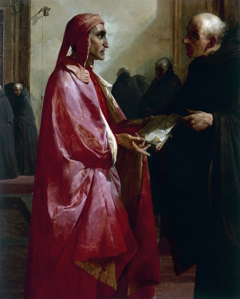Dante Alighieri nel convento dei monaci agostiniani incontra Frate Ilario al quale dona parte del testo della Divina Commedia - dettaglio